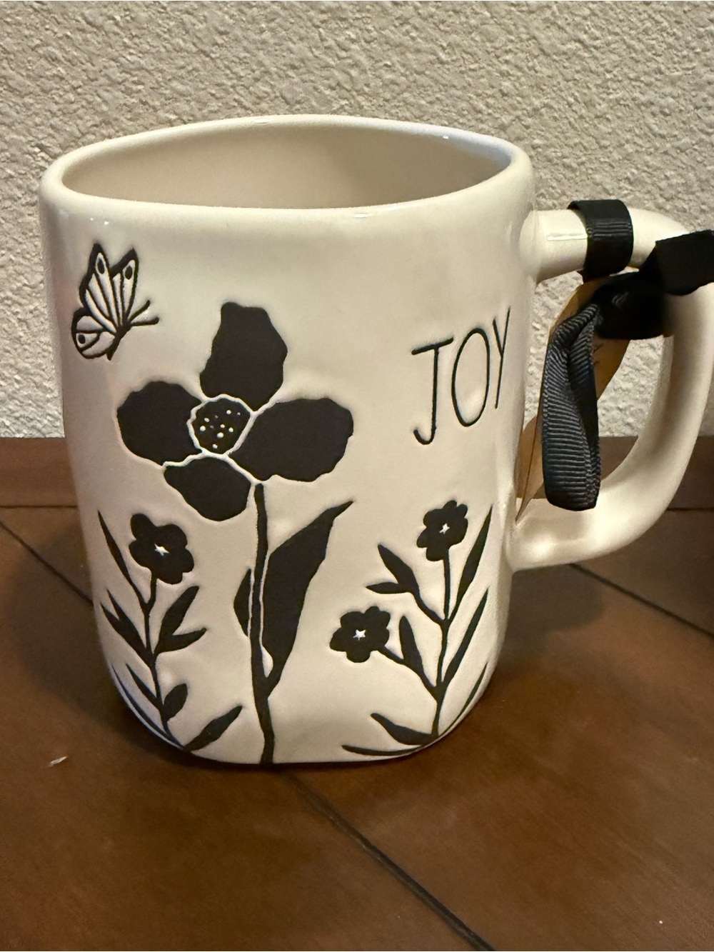 Rae Dunn White Ceramic Mug with Black Floral & Butterfly 🦋 Pattern- JOY- NWT - Picture 3 of 5